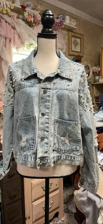 Jackets & Blazers - Pearl Embellished Star Embroidered Denim Jacket-size XL
